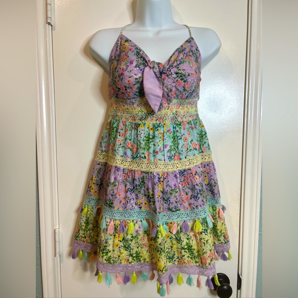 Alice & Olivia Women’s Floral Karolina Tiered  Print tie Front Mini Dress, Sz 6